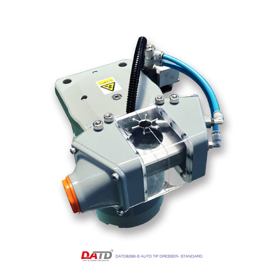 Mechanical component with hoses and connectors on a white background, featuring the DATD logo. auto tip dresser